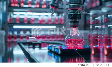 A robotic arm precisely handles a flask in a futuristic pharmaceutical laboratory with rows of red liquid samples. 113409971
