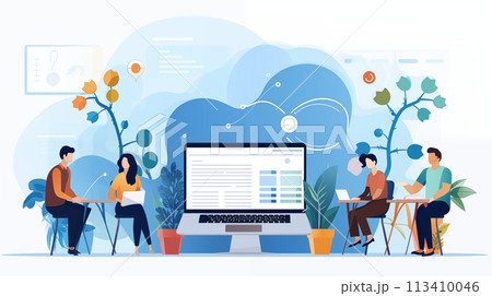 オフィスのノートパソコン、オンラインレポート、ウェブサイトデザインのフィードバックや研究プロジェクト 113410046