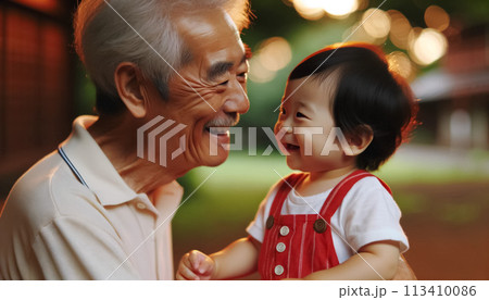 公園で孫と微笑み合う日本人の高齢男性 113410086