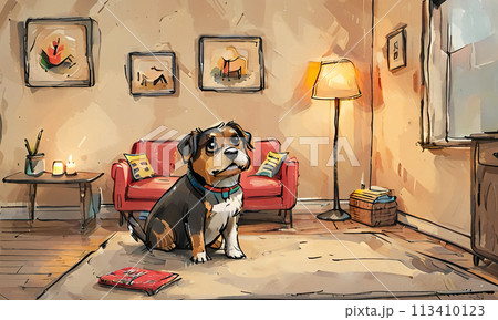 部屋で留守番をする犬のレトロコミカルなイラスト:バリエーション多数 113410123