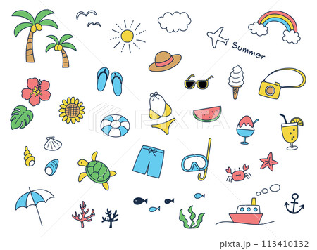 かわいい夏モチーフ手描きセット_ベクターイラスト 113410132