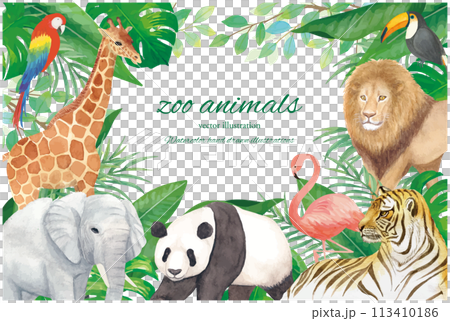 水彩手書きの動物園の背景イラストフレーム素材 113410186