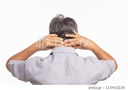 Senior man neck pain because of Cervical Spondylosis disease. 113410226