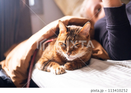 Teenage boy travelling with a cat in the sleep wagon of passenger train. Teenage boy travelling with a cat in the sleep wagon of passenger train. 113410252