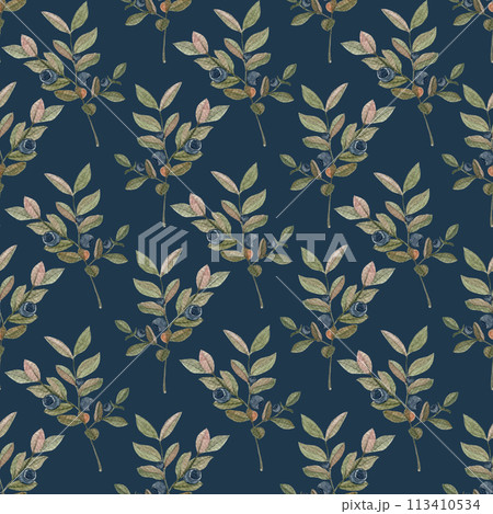 Blueberry sprig watercolor seamless pattern on dark blue 113410534