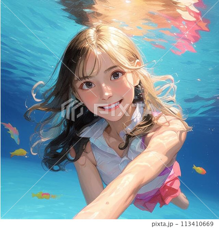 海で泳ぐ女性 113410669