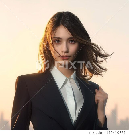 夕日に照らされる女性 113410721