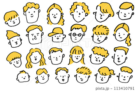 手描きのかわいい笑顔の老若男女の顔セット 113410791