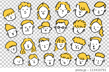 Hand drawn cute smiling faces of young and old 113410791