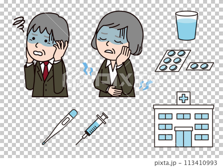 体調が悪い高齢者と薬や病院 113410993