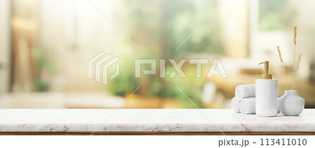 A luxury white marble bathroom table with a space for display products in a modern green bathroom. 113411010