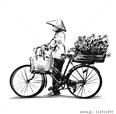 Drawing of Flower vendor in a street in Hanoi, Vietnam 113411443