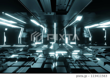 Podium in spaceship or space station interior, Sci Fi tunnel, stage for product presentation, 3D 113411563