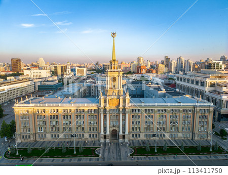 Yekaterinburg City Administration or City Hall and Central square at summer evening. Evening city in the summer sunset, Aerial View. 113411750