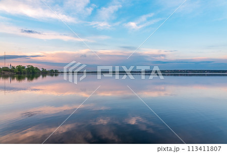 Blue lake with cloudy sky, natural background 113411807