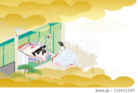 逢瀬する袿姿の女性と直衣の男性の吹抜屋台風のイメージイラスト 113412197