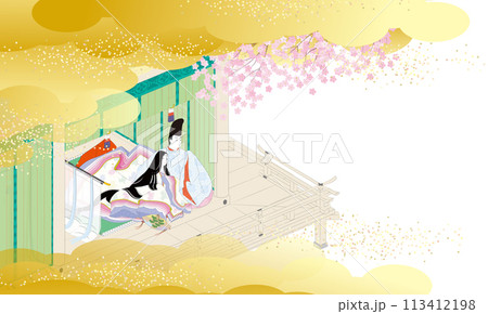 桜を見る袿姿の女性と直衣の男性の吹抜屋台風のイメージイラスト 桜を見る袿姿の女性と直衣の男性の吹抜屋台風のイメージイラスト 113412198