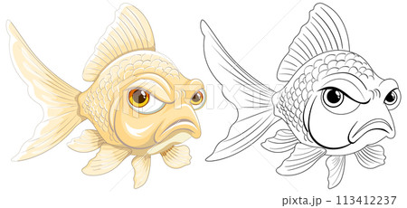 Angry Goldfish Cartoon and Outline 113412237