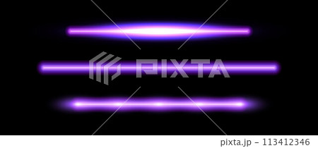 Purple neon tube lamp set. Glowing led light line beam collection. Violet luminous fluorescent bar stick lines. Ultraviolet color strip element pack to divide, separate, decorate. Vector illustration 113412346