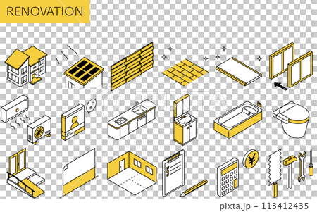Home renovation icon set, simple isometric illustrations 113412435