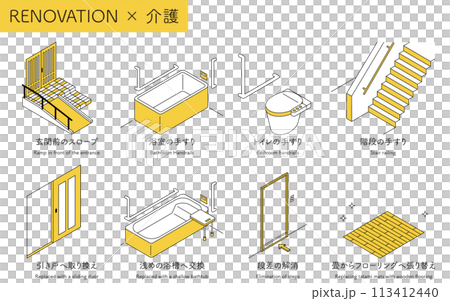 住宅リフォーム、介護保険・補助金の対象になる介護リフォーム、シンプルなアイソメトリックイラスト 113412440
