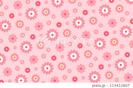 母の日にぴったりのシンプルなお花の模様が描かれた花柄背景・シームレスパターン素材_ピンク色 113412607