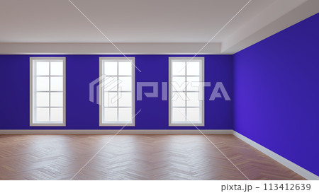 Interior with Violet Walls, White Ceiling and Cornice, Three Large Windows 113412639