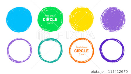 Scribble circle round vector frame. Hand drawn rough scribble effect line. Children color crayon brush stroke frame. Scribble hand drawn grunge doodle color circle set. Vector 113412670