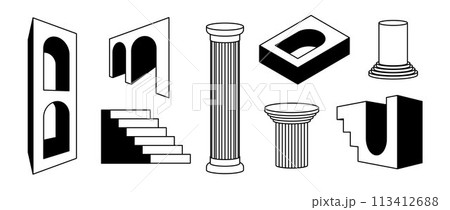 Surreal arches, columns and stair collection. Trippy greek ruin element set. 3d antique style arcs, doors, pillars, staircase, gates bundle. Vector shapes pack for collage, poster, banner, sticker. Surreal arches, columns and stair collection. Trippy greek ruin element set. 3d antique style arcs, doors, pillars, staircase, gates bundle. Vector shapes pack for collage, poster, banner, sticker. 113412688