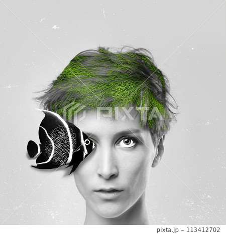Modern contemporary art collage or design with woman and coral fish. Save marine life, travel and vacation concept. 113412702