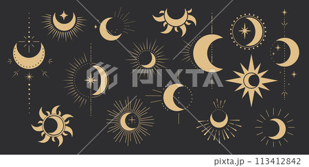 Set gold mystic moon celestial astrology magic element with rays, stars, burst minimal line tattoo, border or decoration isolated on dark background. Space symbols, emblem. 113412842