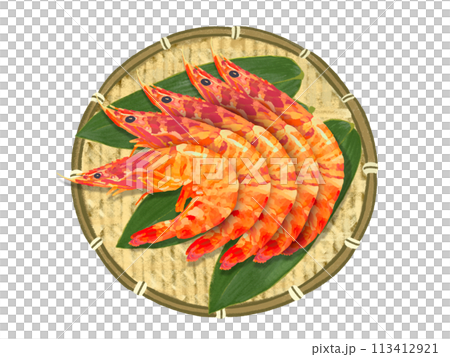 車海老（赤）ザル、笹の葉付き 113412921