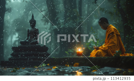 A monk meditates calmly in the rain, his robes glistening with droplets. The rain falls gently around him, creating a serene and peaceful atmosphere. Generative AI. A monk meditates calmly in the rain, his robes glistening with droplets. The rain falls gently around him, creating a serene and peaceful atmosphere. Generative AI. 113412935