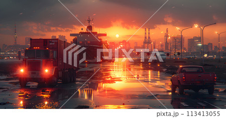 Illustration of large vehicles transporting at sunrise or sunset in warm tone. It conveys peace, warmth and good memories. It may refer to a vehicle that transports goods or raw materials safely. Illustration of large vehicles transporting at sunrise or sunset in warm tone. It conveys peace, warmth and good memories. It may refer to a vehicle that transports goods or raw materials safely. 113413055