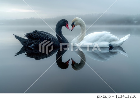 Serene embrace: two swans in love, a graceful display of adoration and unity in the swanst's affectionate bond, a symbol of tranquility and everlasting companionship in the natural world. 113413210