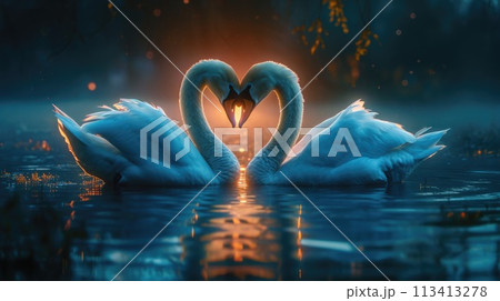 Serene embrace: two swans in love, a graceful display of adoration and unity in the swanst's affectionate bond, a symbol of tranquility and everlasting companionship in the natural world. Serene embrace: two swans in love, a graceful display of adoration and unity in the swanst's affectionate bond, a symbol of tranquility and everlasting companionship in the natural world. 113413278