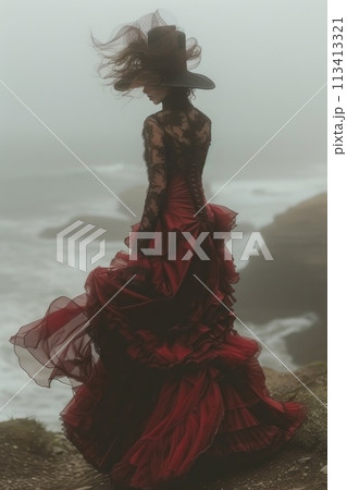 Elegant vintage: woman in baroque renaissance style clothing reminiscent of the victorian era, a timeless portrayal of grace and sophistication in historical fashion 19th century. 113413321