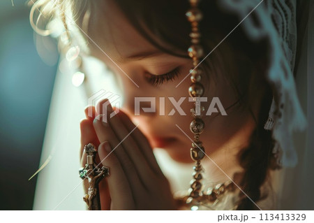 First communion joy: heartwarming moments of young believers in white dresses, celebrating this sacred Christian sacrament with faith, purity, spirit of spiritual growth in memorable church ceremony. First communion joy: heartwarming moments of young believers in white dresses, celebrating this sacred Christian sacrament with faith, purity, spirit of spiritual growth in memorable church ceremony. 113413329