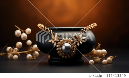 Radiant elegance: an opulent portrayal of luxury embodied in a captivating necklace, exuding sophistication, glamour, and timeless beauty, perfect for discerning tastes and refined occasions 113413349