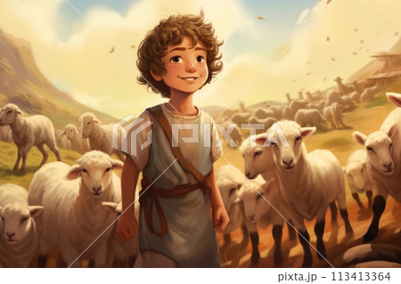 Capturing serenity: a tender portrayal of the little child Jesus Christ herding sheep, an endearing and symbolic scene embodying innocence, faith, and the pastoral charm of the biblical narrative 113413364