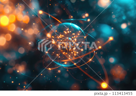 Atomic dance: subatomic realm, electrons, neutrons, and protons orbit a fixed nucleus in a model empty space within atoms, showcasing set, predictable paths in the intricate world of particle physics 113413455