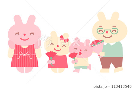 カーネーションをプレゼントして家族・ファミリー・親子でお祝いする母の日のかわいいうさぎ・動物イラスト カーネーションをプレゼントして家族・ファミリー・親子でお祝いする母の日のかわいいうさぎ・動物イラスト 113413540