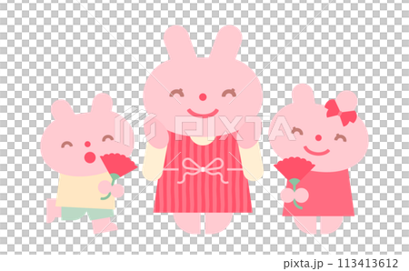 カーネーションをプレゼントして家族・ファミリー・親子でお祝いする母の日のかわいいうさぎ・動物イラスト カーネーションをプレゼントして家族・ファミリー・親子でお祝いする母の日のかわいいうさぎ・動物イラスト 113413612