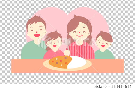 Cute illustration of smiling mothers, families, and parents and children with a gift of curry rice and food for Mother's Day Cute illustration of smiling mothers, families, and parents and children with a gift of curry rice and food for Mother's Day 113413614