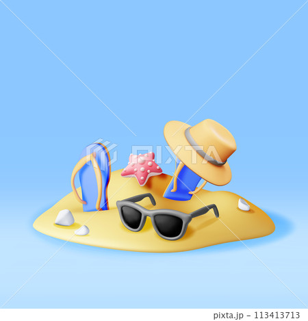 3d beach flip flops, hat, sunglasses in sand 113413713