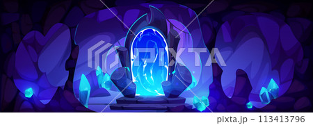 Magic glowing portal door in underground dark cave 113413796