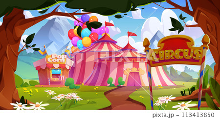 Circus tent and popcorn stall in park 113413850