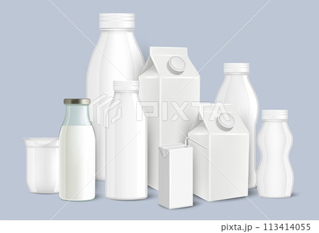 Milk cardboard package, glass or plastic bottles realistic mockup set Milk cardboard package, glass or plastic bottles realistic mockup set 113414055