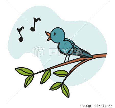 Object for cartoon sensory organ ear icon. Human senses education concept - bird sits on branch and sings. Vector illustration isolated on white background Object for cartoon sensory organ ear icon. Human senses education concept - bird sits on branch and sings. Vector illustration isolated on white background 113414227