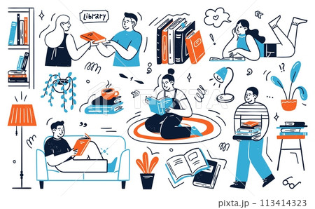 People book lovers, young reader characters set People book lovers, young reader characters set 113414323